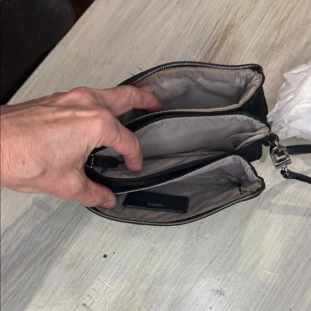 TUMI Black Voyager Vienna Nylon Triple Compartment Wristlet